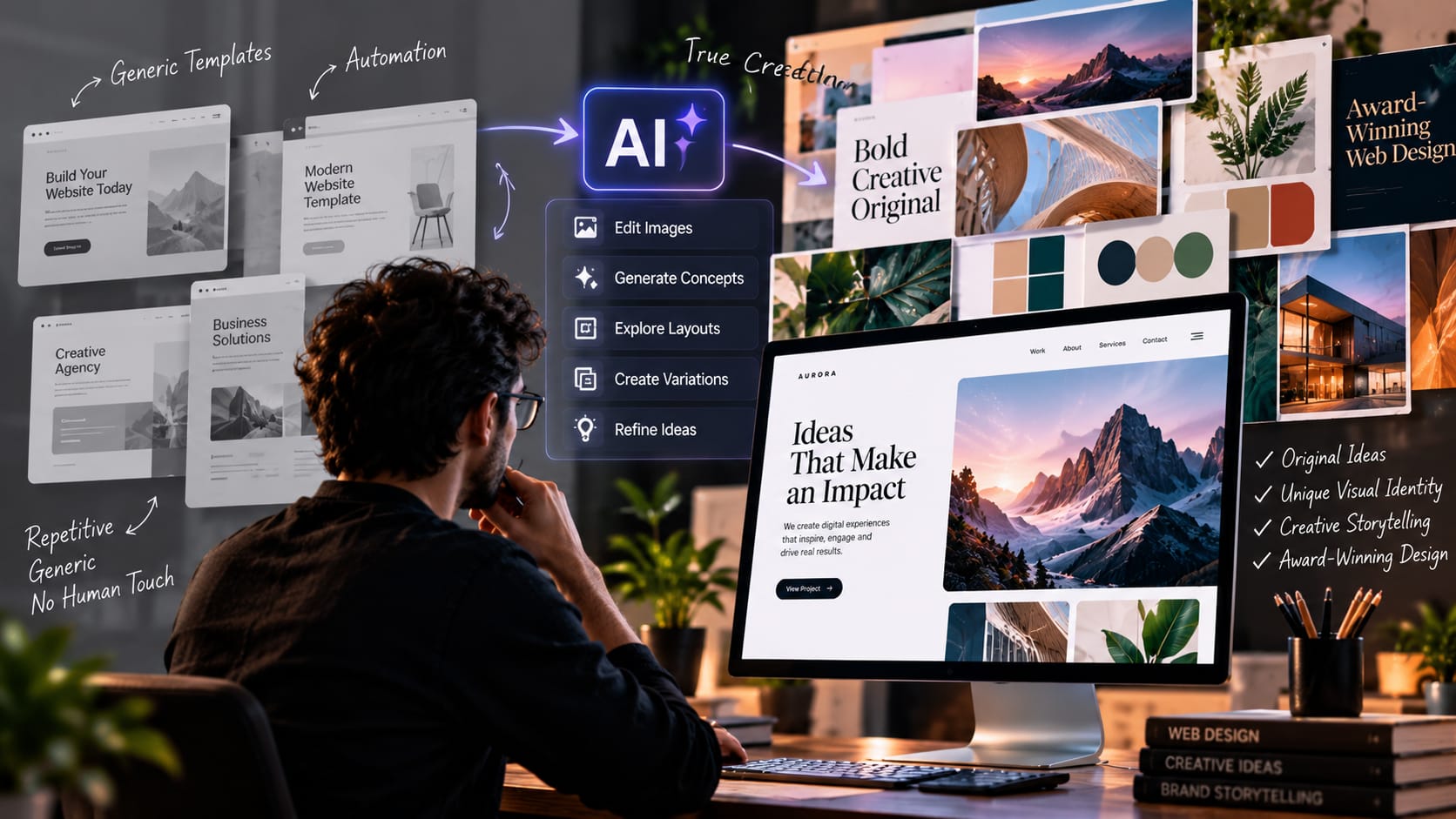 Web designer using AI to transform generic website templates into original designs with creative layouts and visual identities.