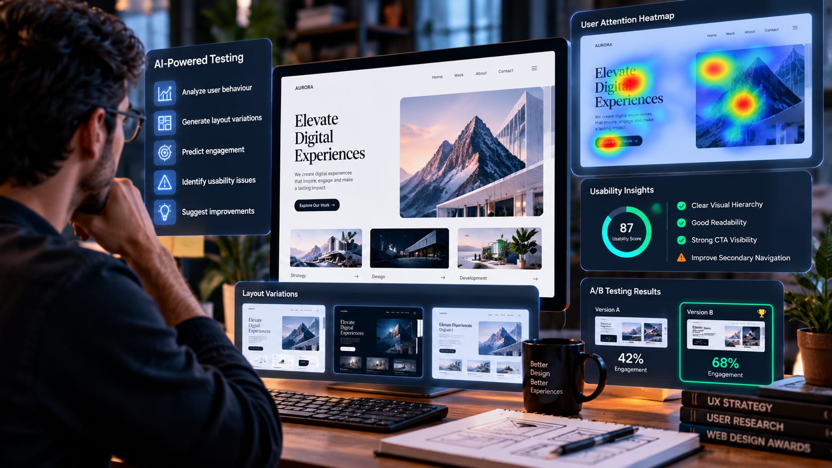 AI-assisted website testing with user attention heatmaps, layout variations and usability analysis.