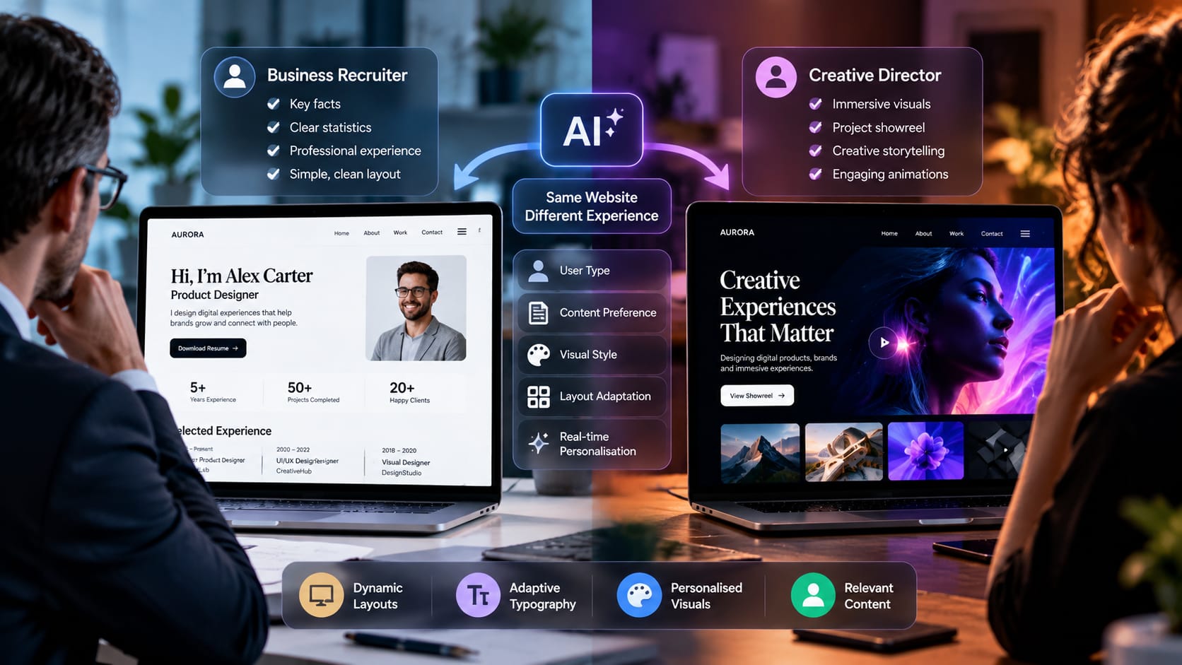 AI-powered personalised web design adapting website content and layouts for different audiences.