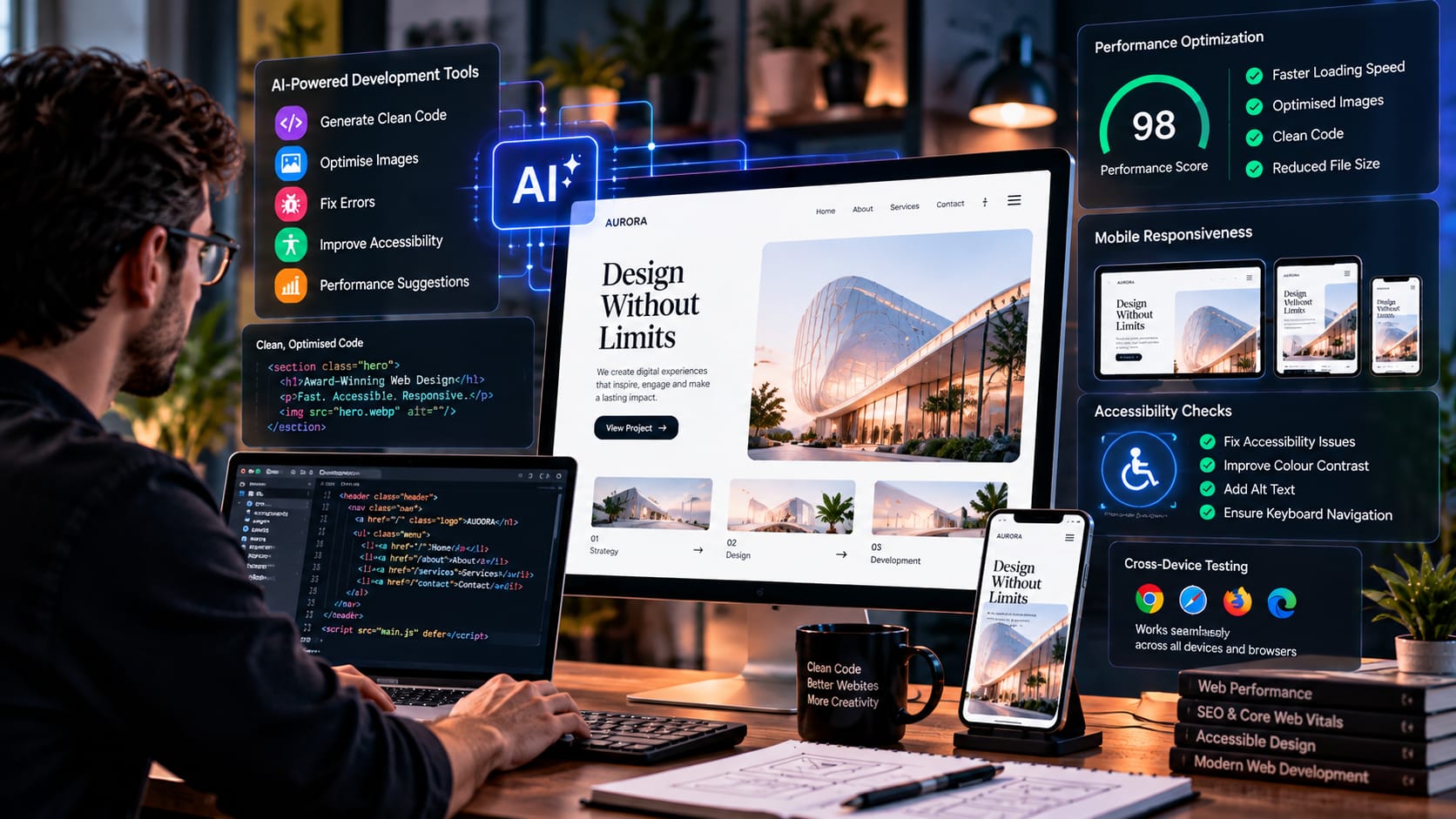 Developer using AI tools to optimise website code, loading speed, accessibility and mobile responsiveness.