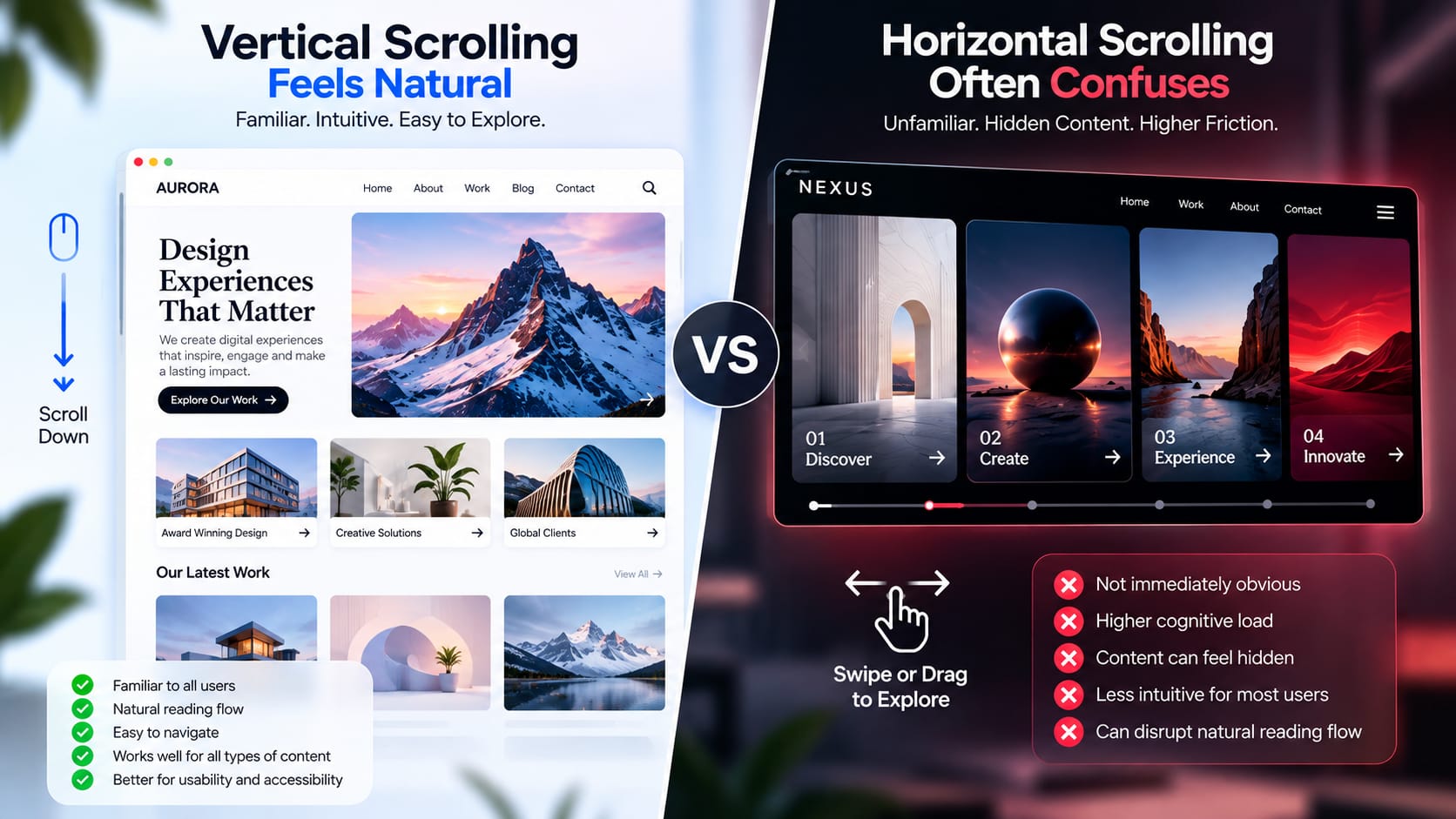 Comparison of vertical and horizontal website scrolling, highlighting navigation patterns, usability and user experience.