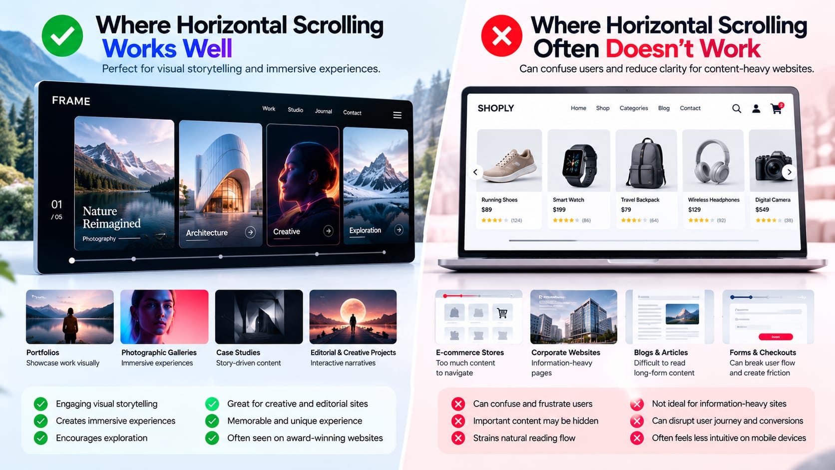Comparison of horizontal scrolling for creative portfolios, photography galleries and case studies versus e-commerce stores, corporate websites and long-form content.