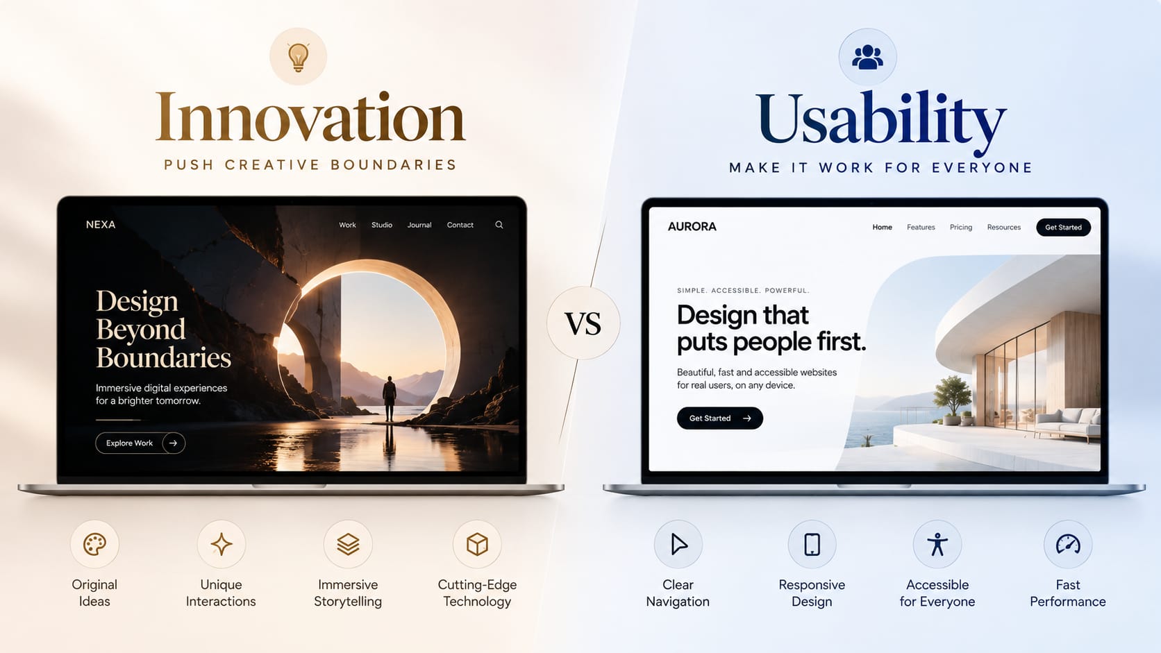 Comparison of innovative website design and user-friendly interfaces, highlighting creativity, navigation and accessibility.