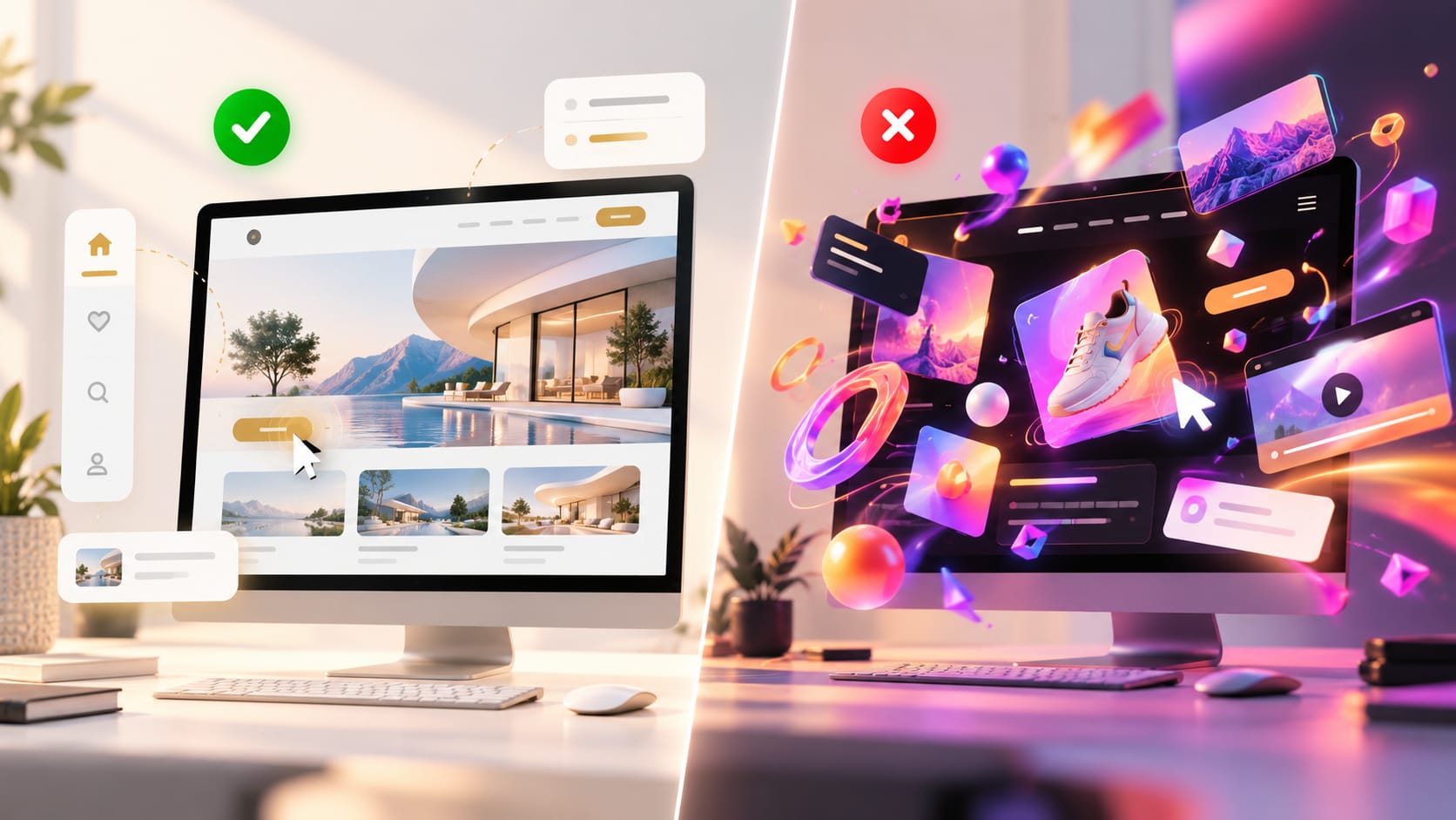 Comparison of subtle, purposeful website micro-interactions with excessive animations that distract users.