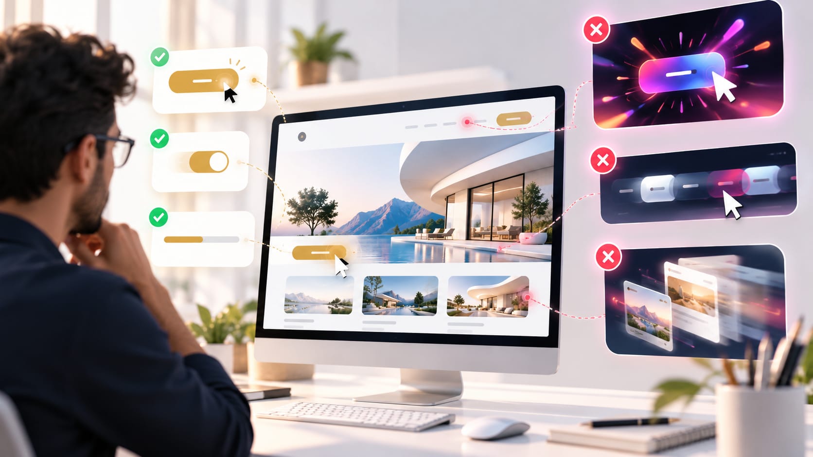 UX designer evaluating website animations, subtle button feedback and interface transitions alongside distracting effects that can reduce usability.