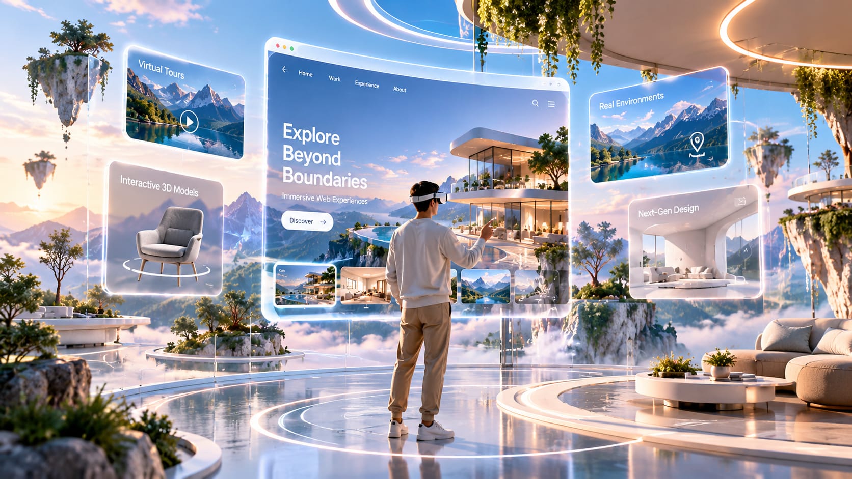 Floating three-dimensional website interfaces in an immersive virtual environment, illustrating spatial web design.
