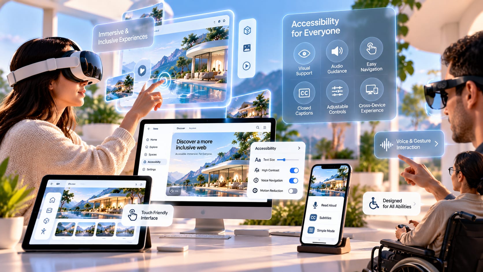 Inclusive AR/VR web design across headsets, desktop computers, tablets and smartphones, with accessible controls and consistent interfaces.