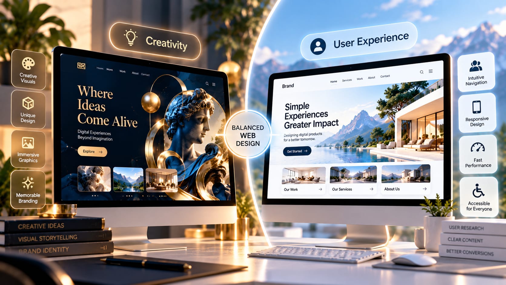 Comparison of visually creative website design and a clear, user-friendly interface highlighting usability and visual hierarchy.