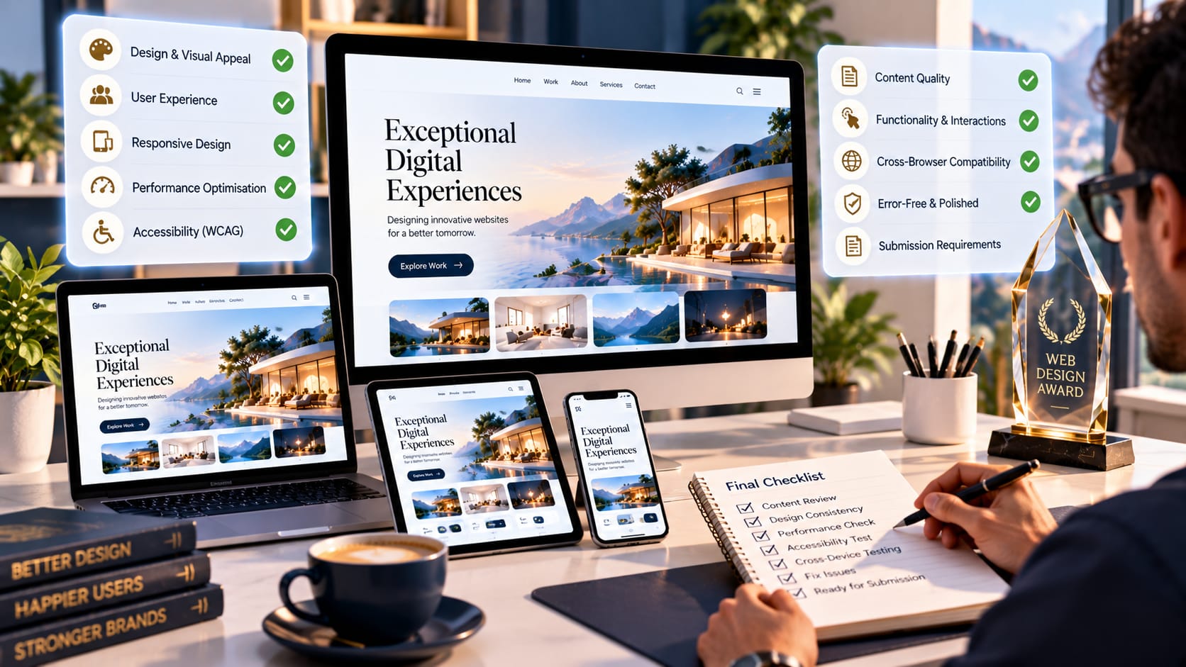 Designer reviewing website responsiveness, accessibility, performance, and visual quality before submitting a website design award entry.