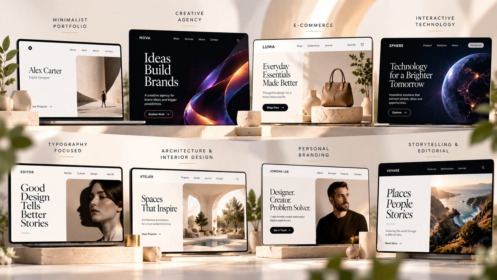 Collection of creative website design layouts showcasing minimalist portfolios, agency websites and e-commerce experiences.